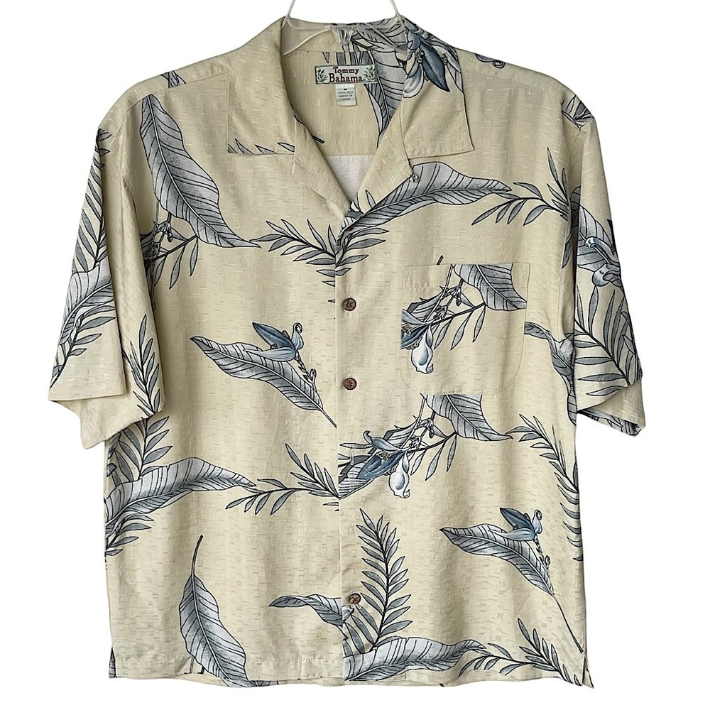 Tommy Bahama 100% Silk Yellow & Blue Tropical Floral Hawaiian Shirt Size Medium